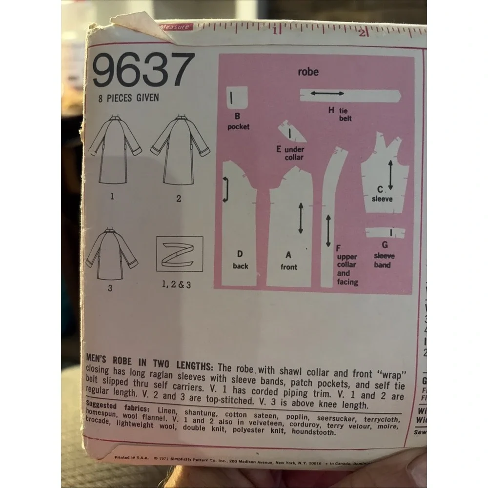 Vintage 1971 SIMPLICITY 9637 ROBE Mens Sewing PATTERN 42-44 Large Cut